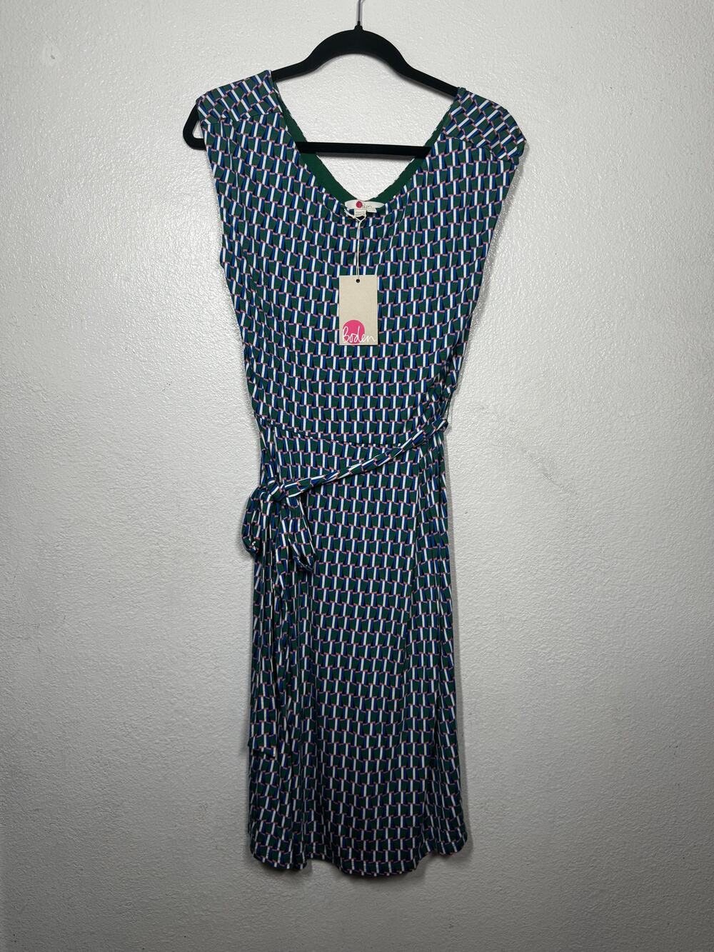 Boden Esmeralda Jersey Dress Blue Green Geometric Waistband Pullover Sz 10